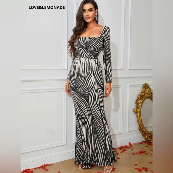 Square Neck Mermaid Dress Long Sleeve Maxi Evening Prom Dress - Picture 5 of 6